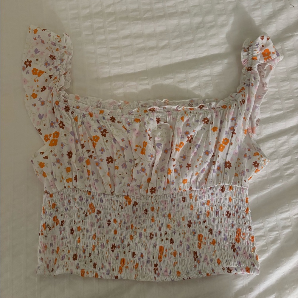 La Hearts Floral Ruffle Blouse - White and Orange